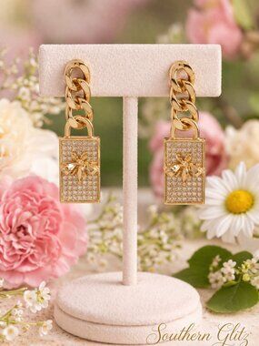 Gold Lock Earrings, Statement Chain Earrings, Rhinestone Lock Dangle Earrings